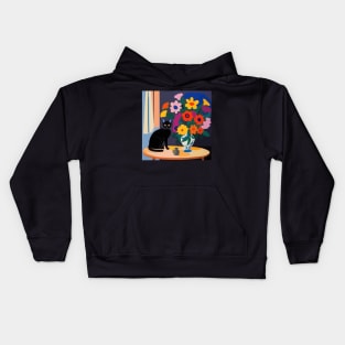 Black Cat with Colorful Flowers in a Vase Still Life Painting Kids Hoodie